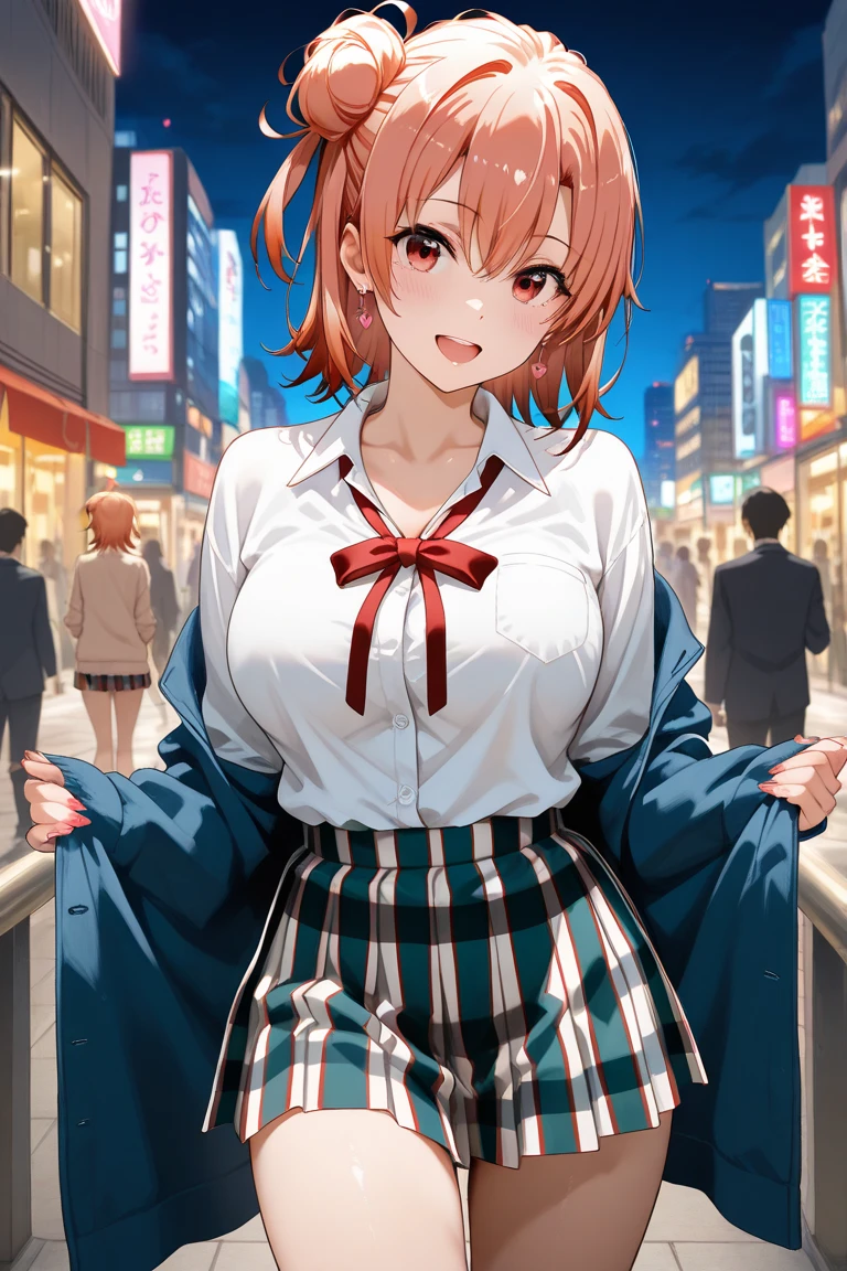 (8k, RAW Photos, Highest quality, masterpiece: 1.2), masterpiece, Super Detail,Best lighting, (Realistic and photorealistic photography: 1.4), High-resolution RAW color photos, Background Blur, blush, Depth of written boundary,1 young cute girl, Hair between the eyes,short hair,Black Hair,(red inner hair with yellow hairpin),red eyes,Highly detailed mouth,short,young,,medium breasts,small earrings,(Oily skin:1.5,Glowing Skin),glitter skin,whole body, ((light purplel sleeveless collared shirts, black tight mini skirt, high heels)), pink panties,(lift skirt:1.3,lift by self:1.5),at Night City alley