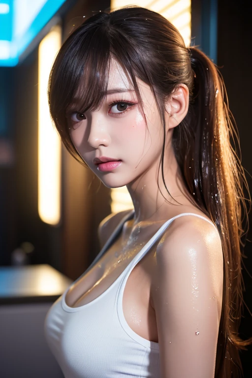 Urban beautiful girl college student, masterpiece, light makeup, red lips, silver hair, messy long hair, street background, beautiful, elegant. super fine details, master works, authentic texture, cinematic lighting realism, perfect job, 16K, hd, exquisite features,blue eyes、japanese idol、Beautiful Face、cute smile、brown hair、beautiful hair、ponytail、glamorous、perfect breasts、erect nipples、Oily muscle、shiny skin、white skin, glowing skin, bright big eyes, smooth skin, super sexy  tank top, thin tank top 