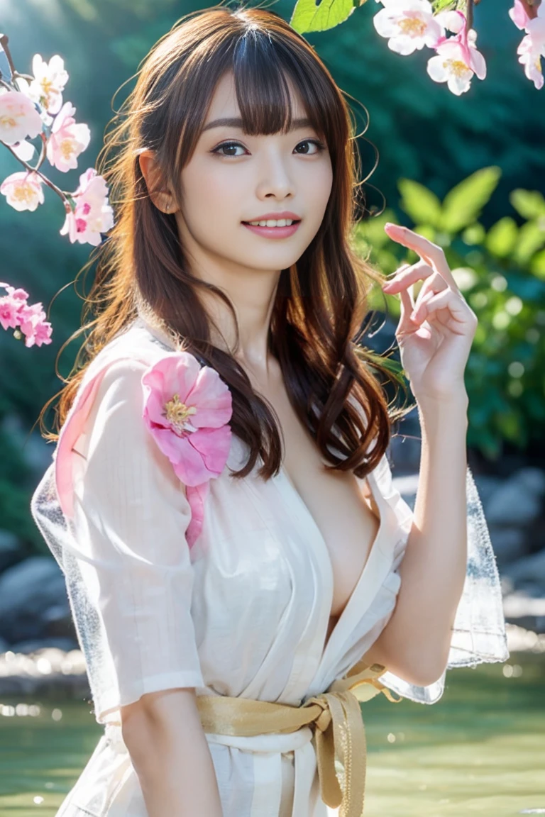 highest quality, Ultra-high resolution, (Realistic:1.4),blush,cute,(Detailed face),A light smile, (((ＡCup Breast)))、(((slender)))、(((Small breasts 1.5)))、 View your viewers,cute female teenager、(((Add highlights to the eyes)))、(((looking at the camera)))、Smile happily,Perfect Makeup,smile, Upper Body, kimono, sunny,river,(cherry blossoms),blue sky,Surrealist female portraits by David Hockney and Alphonse Mucha,
