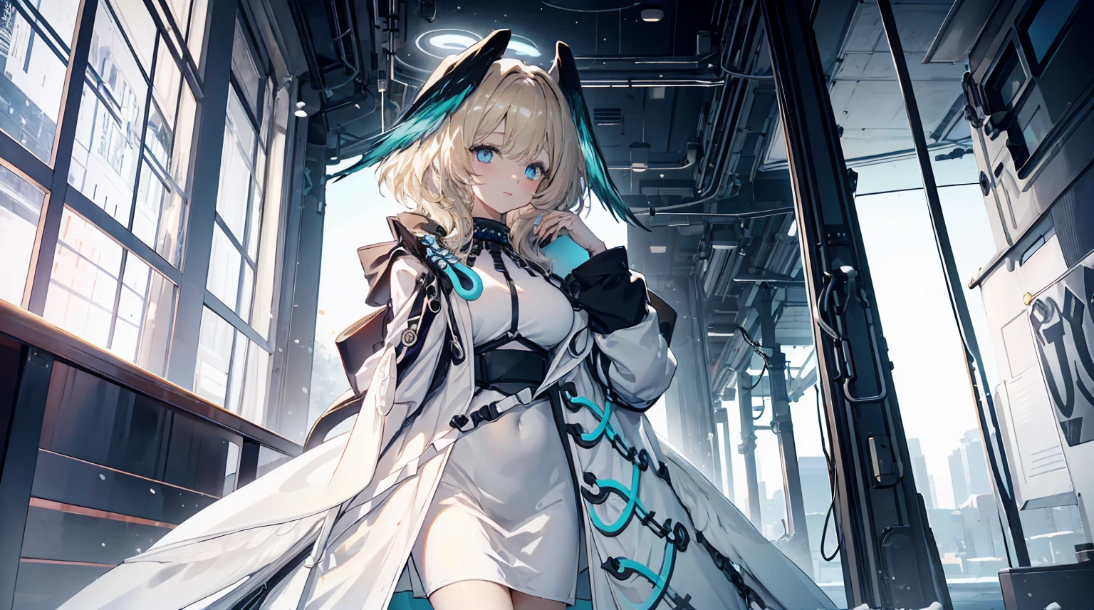 ((Best quality)), ((masterpiece)), (detailed:1.4), 3D, an image of a beautiful cyberpunk female, Yandere , Yandere Face , Trance , Trance Eyes , yameroyandere , constricted pupils , yandere ,
empty eyes . shaded face , crazy eyes , blue glowing eyes , crazy smile ,  long bread blond hair, smile, black and white Nun hat, Big chest, Big thigh, High thigh black knee sock, full view of girl, battlefield background, black combat boot, red necktie, black glove, black combat suit, black jacket, black cloak, black panty, ammo belt, HDR (High Dynamic Range),Ray Tracing,NVIDIA RTX,Super-Resolution,Unreal 5,Subsurface scattering,PBR Texturing,Post-processing,Anisotropic Filtering,Depth-of-field,Maximum clarity and sharpness,Multi-layered textures,Albedo and Specular maps,Surface shading,Accurate simulation of light-material interaction,Perfect proportions,Octane Render,Two-tone lighting,Wide aperture,Low ISO,White balance,Rule of thirds,8K RAW,