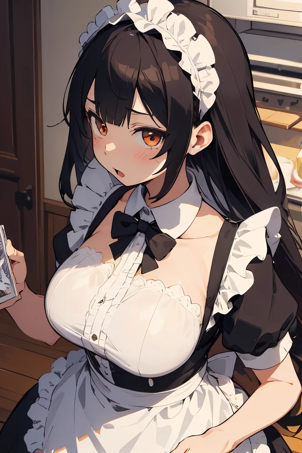 high quality, masterpiece, super detailed, 1 girl, extremely detailed faces,long black hair,Damaged White Bikini,Damaged maid outfit,Maid tiara,handcuffs,collar,charming pink eyes, fox ears, Ridiculously big, shiny skin,Dining room