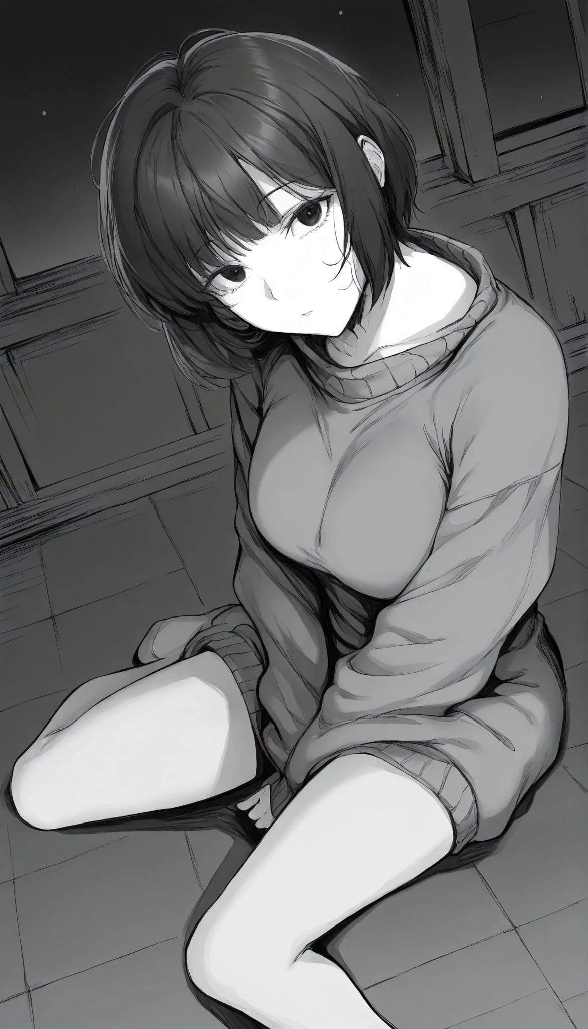 masterpiece,grayscale,manga,1woman, mature, medium bosom, solo, alone, black hair, short hair, bangs, messy, black eyes, dark eyes, night, sitting on floor, oversized sweater, staring at viewer, head turned, dynamic angle