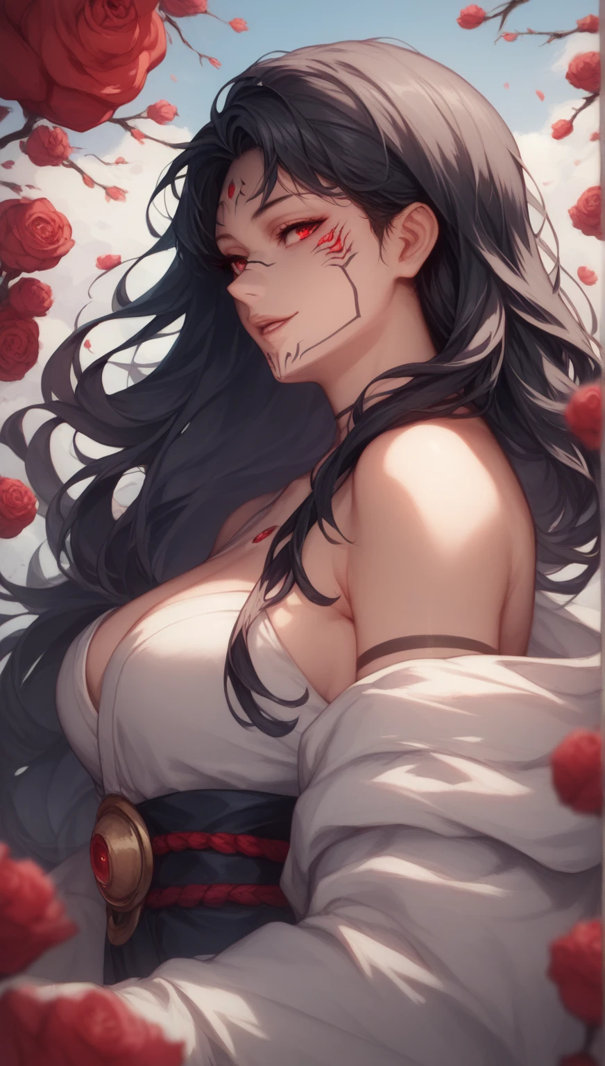 best quality, masterpiece, highly detailed,1girl, ((rose)), (vine), cage, bandage, red rope, (detail light), falling rose petals, Boa Hancock, , (masterpiece:1.5), Detailed Photo, Smiling, Sexy, (8K, Best Quality: 1.4), (1girl), Beautiful Face, (anime realistic Face), (Black Hair, long Hair: 1.3), Beautiful Hairstyle, Realistic eyes, beautiful detail eyes, (white skin), beautiful skin, absurd, attractive, ultra high resolution, ultra realistic, high definition, golden ratio, (sexually aroused:1.5), Pinkish white skin, cool white light, sexy pose, Beautiful , white background, pink soft white light, Wear a white dress, sexy, black lace bra, (zombie girl:1.4), (breeding:1.6), (cute dead girl:1.5), (deadly eyes:1.8), (Eyes without sparkle1.7), pale skin, dead body, no life, (lifeless:1.5), (Wounds on the body:1.6), (dribbling:1.5), (red blood on body:1.3), (Bruise on the body:1.4), (nsfw:1.2