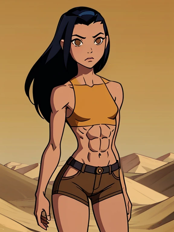 Native girl,slanted eyes,black hair,brown eyes,long hair,dark skin,desert background, abs, flat chest girl,slim waist,skinny girl,nice legs,cowboy shot,kai 