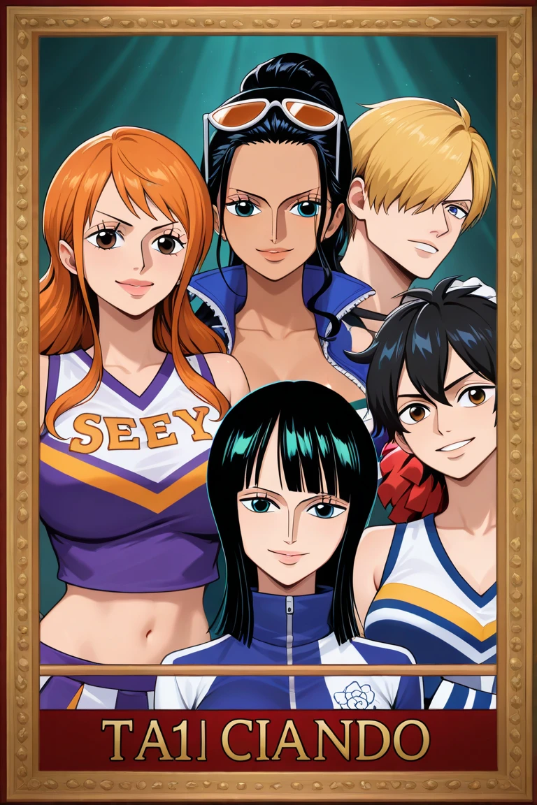 Characters of One Piece Smiling,
Masterpiece, ultra-detailed, cheerful, One Piece crew,
(happy expressions), (jovial personalities), intricately designed,
3D rendered characters,
Luffy, smiling widely, showing his gap-toothed grin,
Zoro, chuckling with a sideways smirk,
Nami, giggling playfully,
Chopper, grinning shyly with his big round eyes,
Usopp, beaming proudly with his mocking pistol,
Sanji, smirking flirtatiously,
Nico Robin, smiling gently with her glasses on,
Franky, grinning broadly