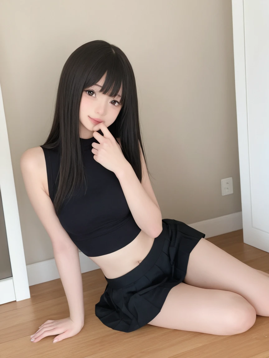 crop top,off-shoulder,Black mini skirt,open mouth,tongue out,cum on tongue,Sitting on a black sofa,looking ahead,from above,flont view,face focus,open mouth,tongue out,(1girl,Beautiful 16 year old girl),((Slender,Small breasts,Small face,)),looking at viewer,Black Hair,bangs,straight,Beautiful and detailed,Mischievous smile,Dimly lit room,Simple Background,Black background,Low lighting