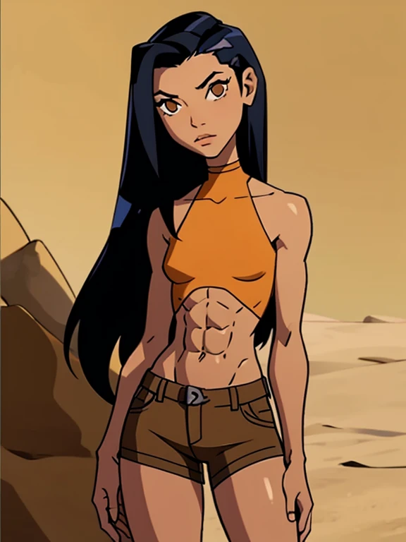 Native girl,slanted eyes,black hair,brown eyes,long hair,dark skin,desert background, abs, flat chest girl,slim waist,skinny girl,nice legs,cowboy shot,kai 