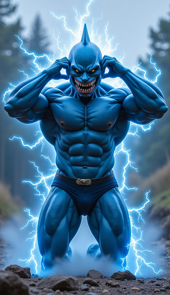 masterpiece, best quality, highres, realistic,1man, zombie,blue skin,scar,muscular,black hair,dirty face,dirty,full moon, evil smile,torn clothes,depth of field,