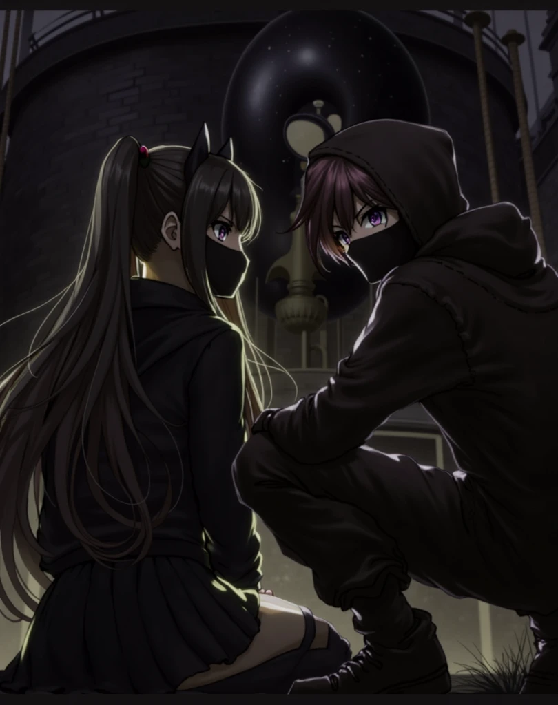 anime characters with purple hair and black hoodies, next to each other, gamoe yandere grimdark, 2d anime style, anime in fantasy style, official fanart, puce and vermilion, Fan art of jogo 2D, a little red and purple, 2d art, 2d art, not anime style, gamoe yandere, 2 d anime, zerochan art
