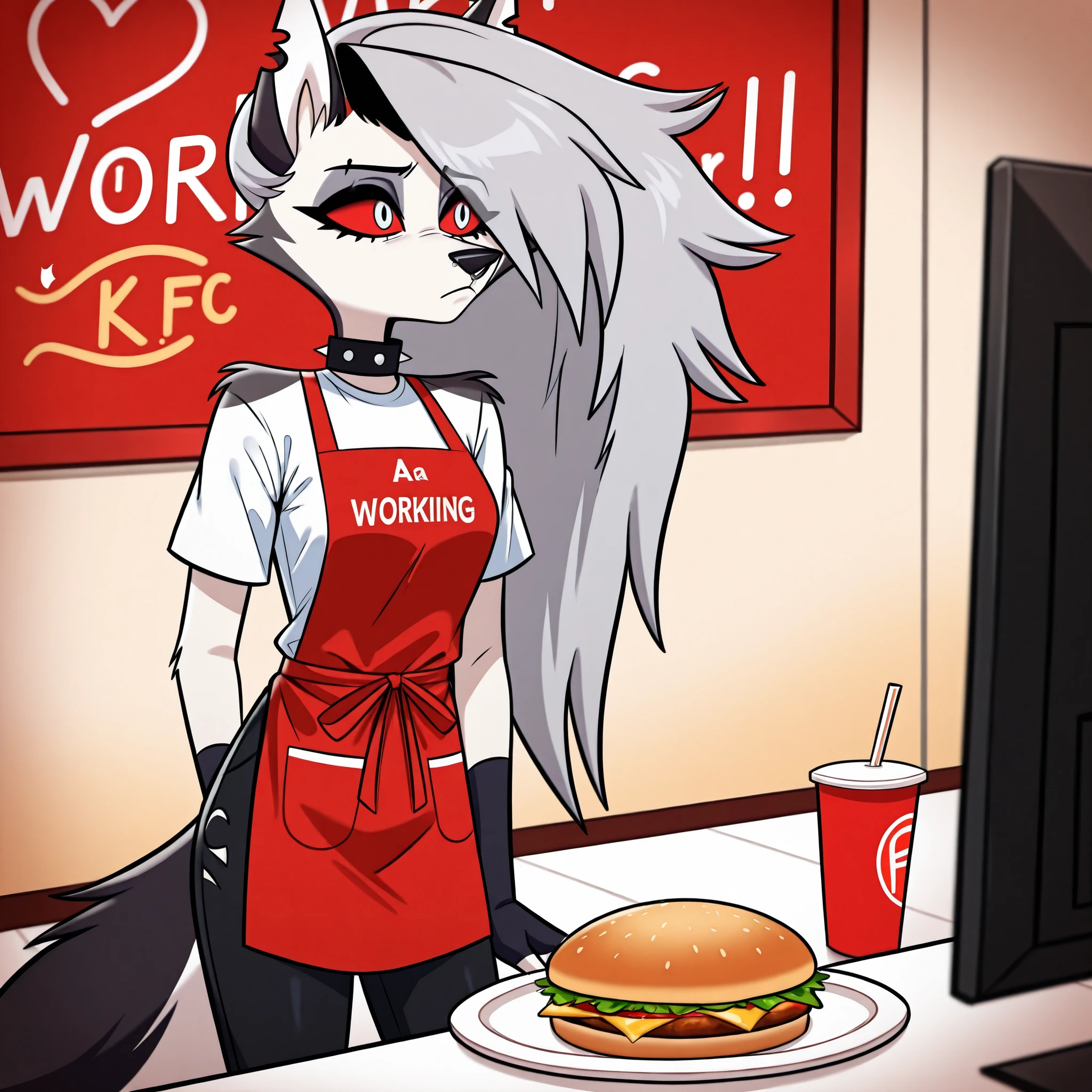 Loona (Helluva Boss), septum nose piercing, white shirt, a white normal shirt with short sleeves, red normal apron, black social pants, furry, yail, 1 girl solo, hellhound, antropomorfic, s), fur, tired face, looking to the camera, on a fast food restaurant, working a coworker from kfc stores, serving hamburguer