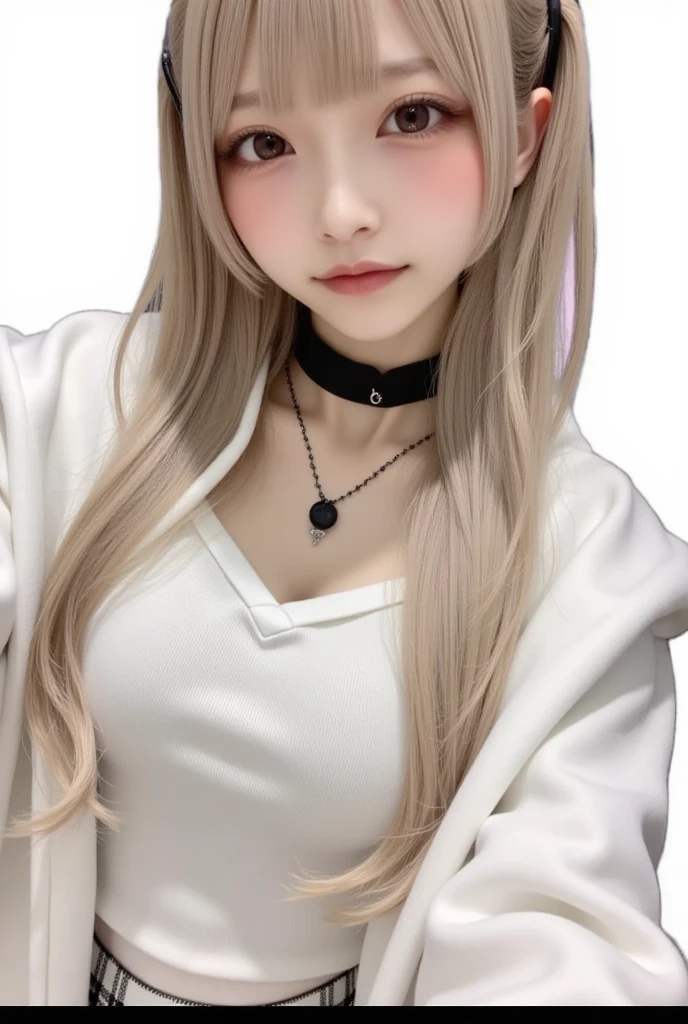 (Masterpiece, Best Quality, 1 girl, Alone, intricate details, chromatic aberration), realist, ((medium breath)),wide, blond hair, red head ornament, pink highlights, hair over one eye,green eyes, earrings, sharp eyes, choker, neon shirt, open jacket, crop top, mini skirt, (symmetry eyes),(Perfect symmetrical body),against the wall, brick wall, graffiti, dim lighting, alley ,look at the viewer