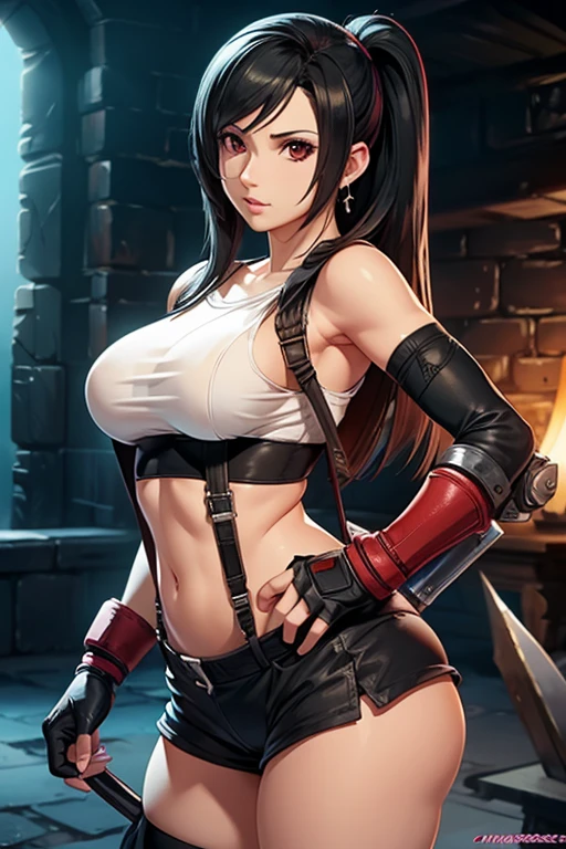 Masterpiece, perfect body, perfect tits, perfect face, perfect hands, perfect fingers, perfect legs, beautiful, slutty, big tits, skimpy outfit, full body,  cleavage,  no bra, wet clothes, black hair, hard nipples, 2 girls, white tank top, very short skirt, cameltoe, tifa lockhart, ff7,
