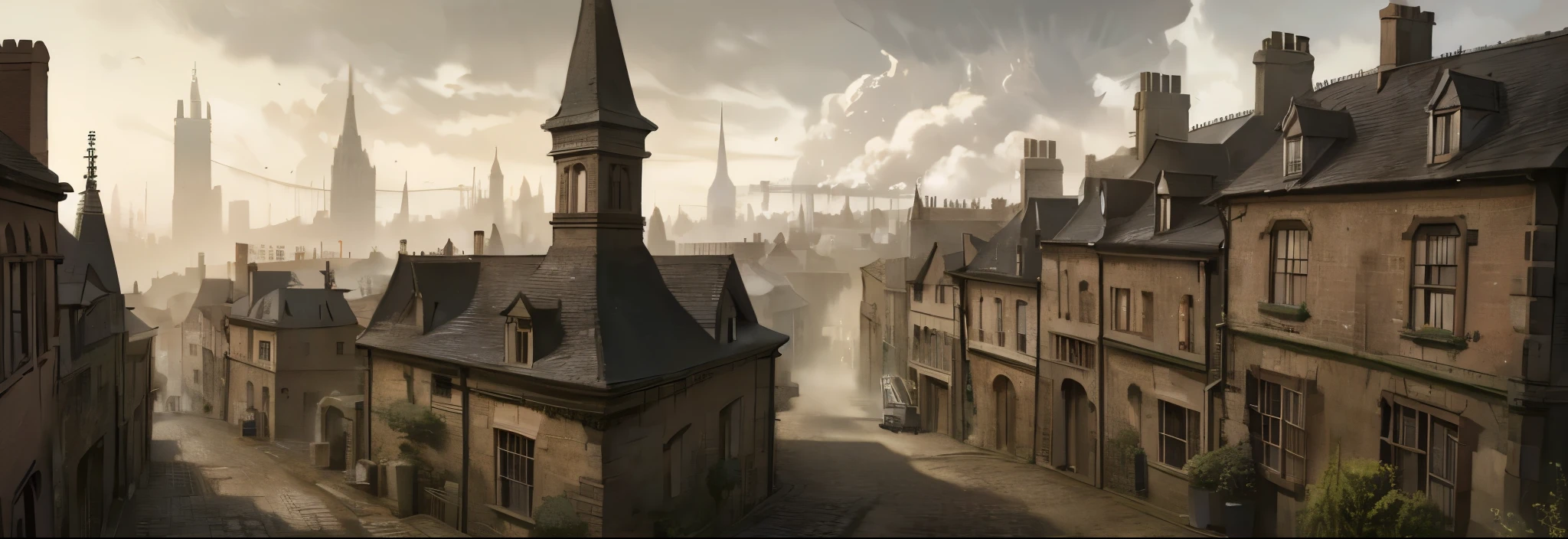 Victorian, terraced houses, buildings, industrial city , 1800s, smoke, cloudy, chimney, cobblestone streets, gloomy sky, dark , watercolor