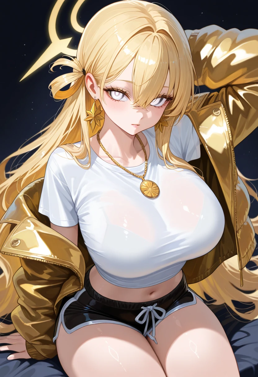 top-quality、Top image quality、masterpiece、girl with((20yr old、Best Bust、big bast、Bust 85,beautiful golden eyes、Breasts wide open,Blonde long hair、A slender、Large valleys、Tank Tops、Cosmic dress、The bikini、Poses that emphasize breasts、Laugh))hiquality、Beautiful Art、Background with((Red Town、Golden Chain)))masutepiece、visualart、depth of fields、