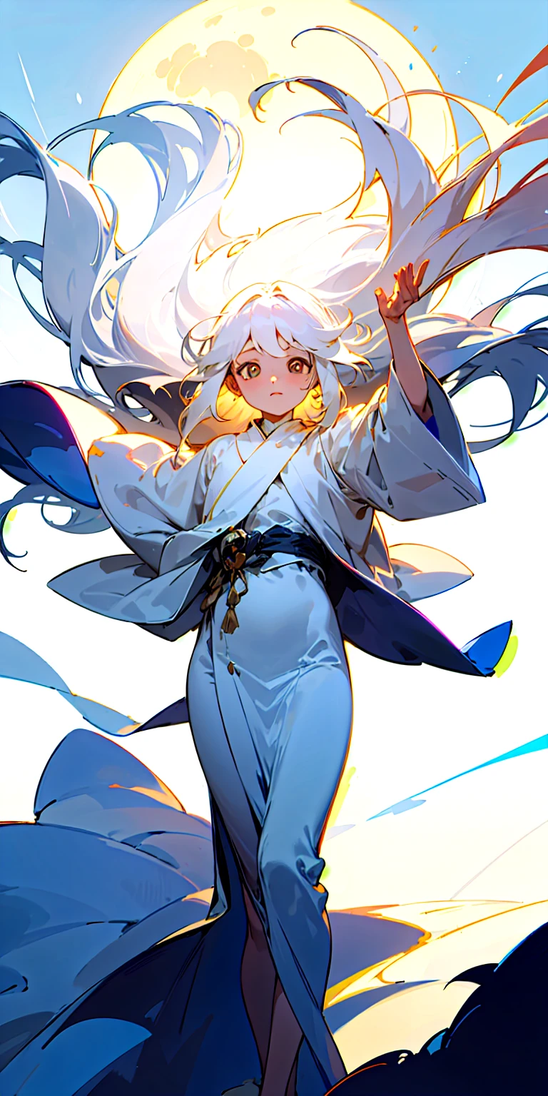 Full body image,A cute little Lolita in a white Taoist robe,White long hair,,Tight upper body,The lower body is a pure white short skirt that does not reach the knee,On the legs is a pair of white cotton stockings,The upper edge tightens the soft flesh on the thigh