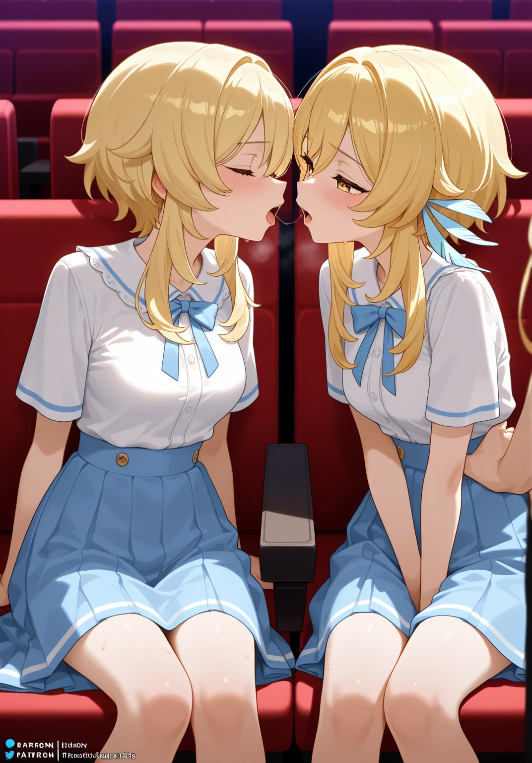2girls, kissing cheek, side cutout, sideless outfit, puckered lips, lips, closed mouth, closed eyes, masterpiece, best quality, absurdres, girl kissing girl on cheek, dynamic lighting, lighting effect