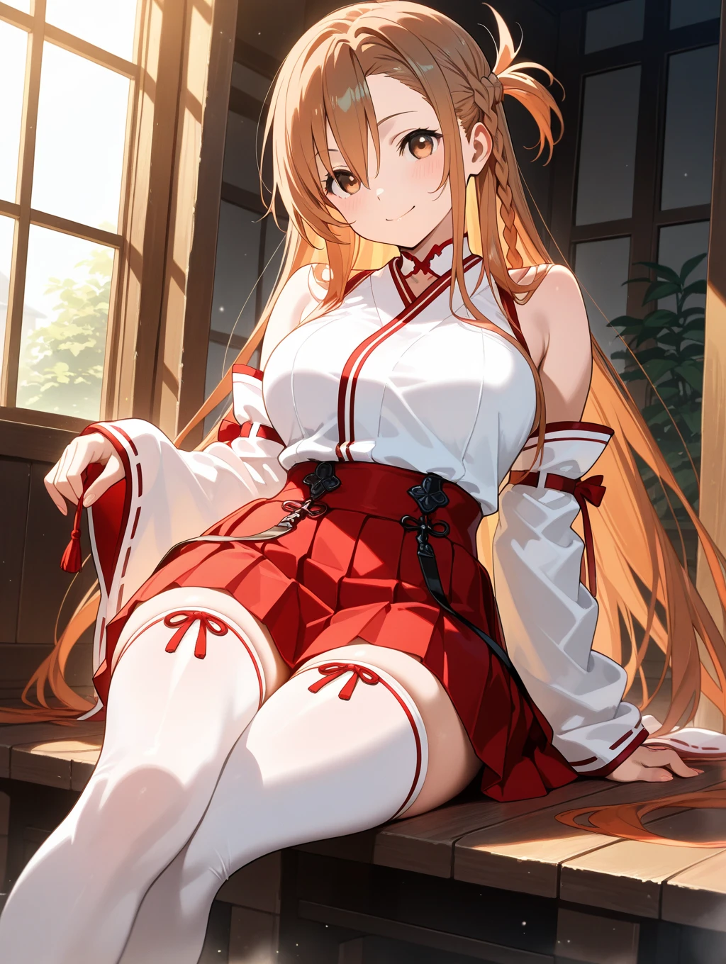 Asuna, 1girl, blush, masterpiece, best quality, ultra-detailed, ray tracing, perfect lighting, 1girl, solo, perfect anatomy, detailed image, natural skin texture, sexy body, delicate eyes, detailed eyes, nsfw, no panties, showing her pussy, lustful, perfect pussy, open pussy, thinner waist, wide hips, thick thighs, better lighting.