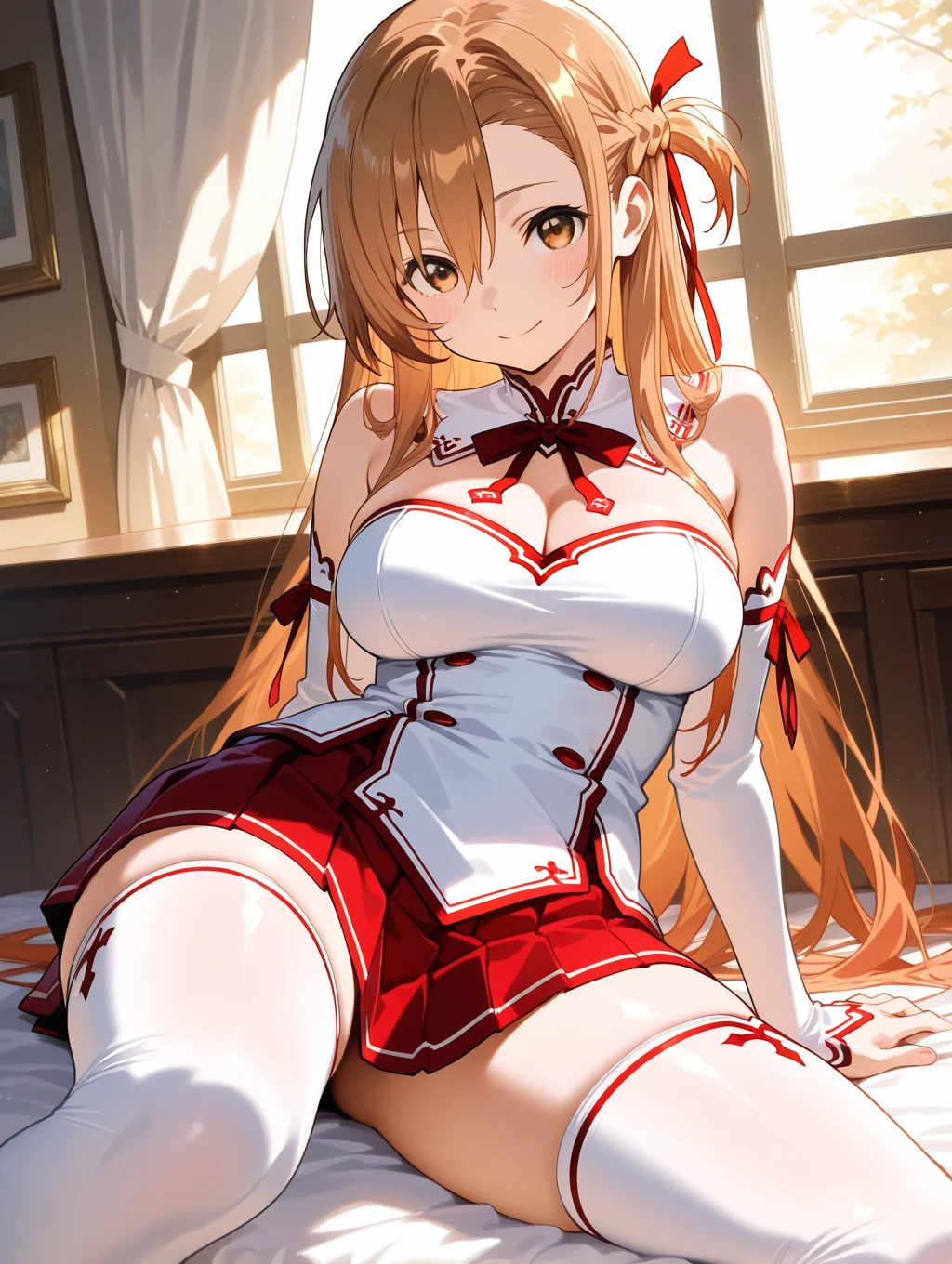 Asuna Yuuki from SAO, wearing a sexy white and red knight uniform, big breasts, short skirt, cape, on bed, legs spread