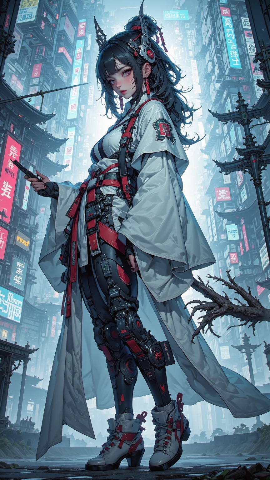 An ancient Chinese girl, hooded head, full body, amazing facial features, blood stains, mechanical eyes, cyberpunk, holographic aura, surreal sci-fi art, futuristic sci-fi aesthetics, hanfu (tattered), mecha, complex design, game model, movie edge light, delicate light, masterpiece, ultra-detailed, epic composition, super high-definition, high quality, highest quality, 32k --niji 5
