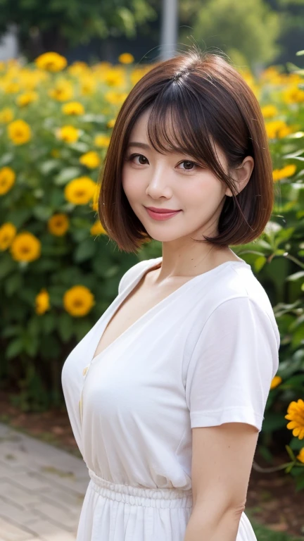 realistic photos of (1 cute Korean star) shoulder-length hair, white skin, thin makeup, 32 inch breasts size, slightly smile, wearing t-shirt, pants, kneeling on the sunflower field, chromatic aberration, 16k