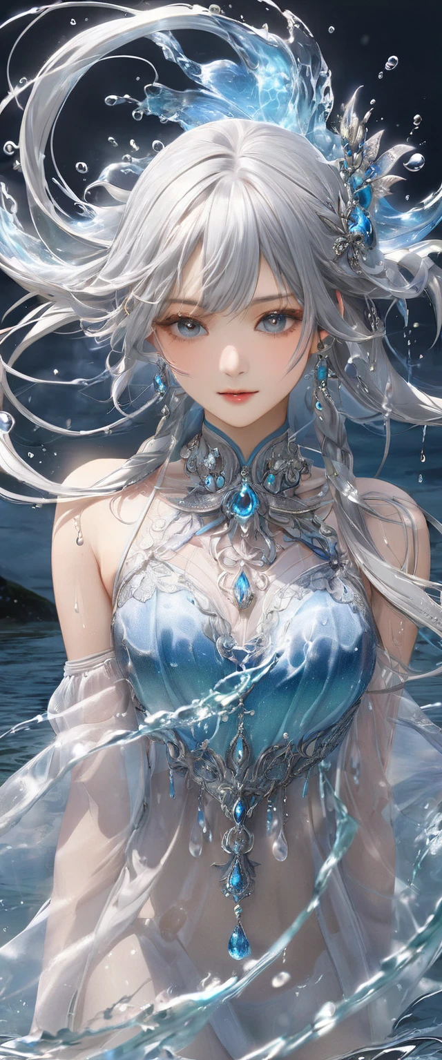 Masterpiece, Old, female, long Silver hair, wearing mermaid headband, pearl necklace, Slanted eyes, blue navy sexy open dress, Standing at sea level, serious expression, with a sharp gaze, beautiful face, zoom out, full body