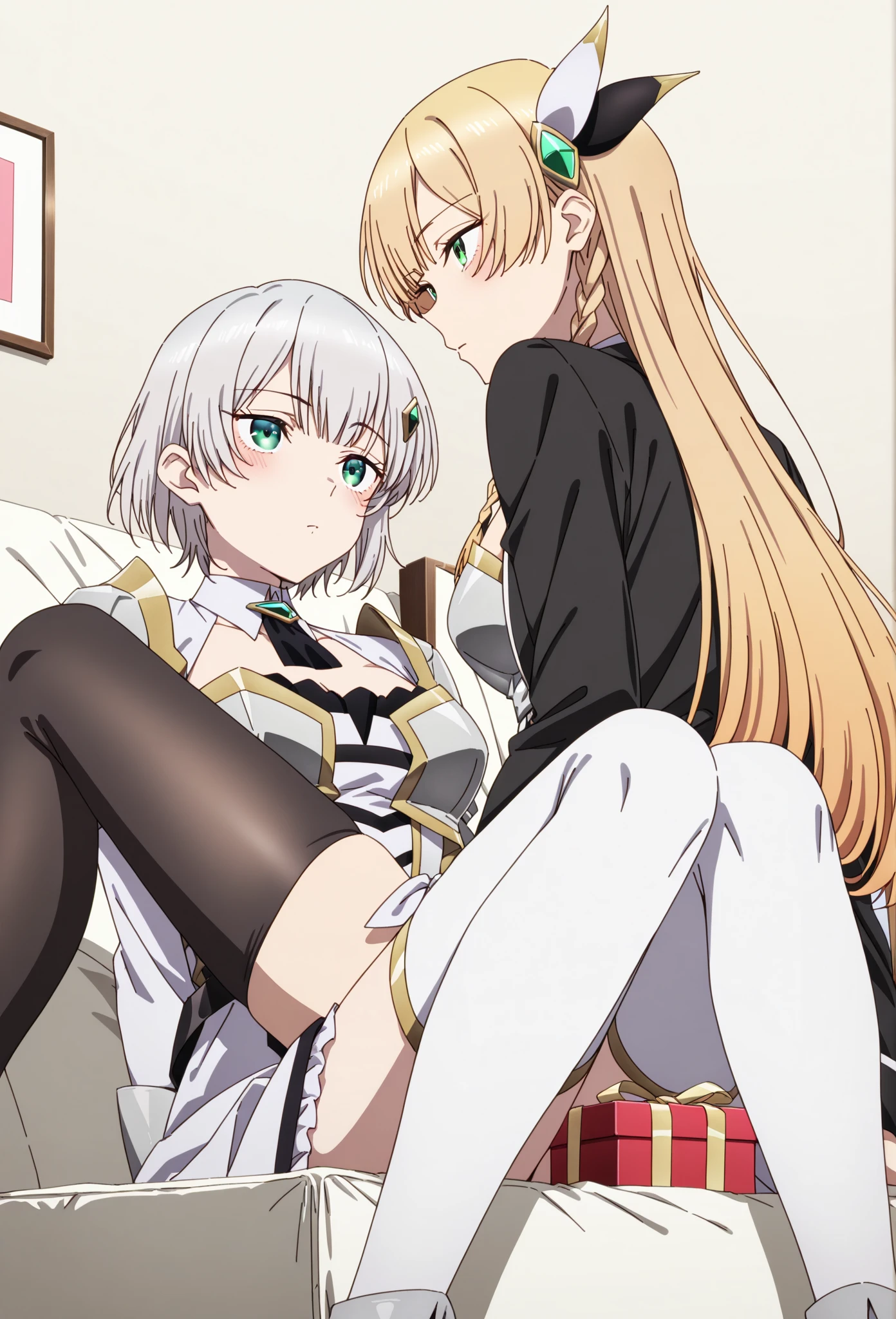a close up of a girl with long platin blonde hair, anime moe artstyle, shikamimi, anime visual of a cute girl, anime waifu, , anime princess, kawaii realistic portrait, ayaka genshin impact, as an anime character, beautiful anime style, high quality anime artstyle, anime style portrait, anime style like fate/stay night, pink bra, bottom pajama short, brown eyes, on bed, shy, white bed, dormitory room, stretches, arms up, wakes up, yawns