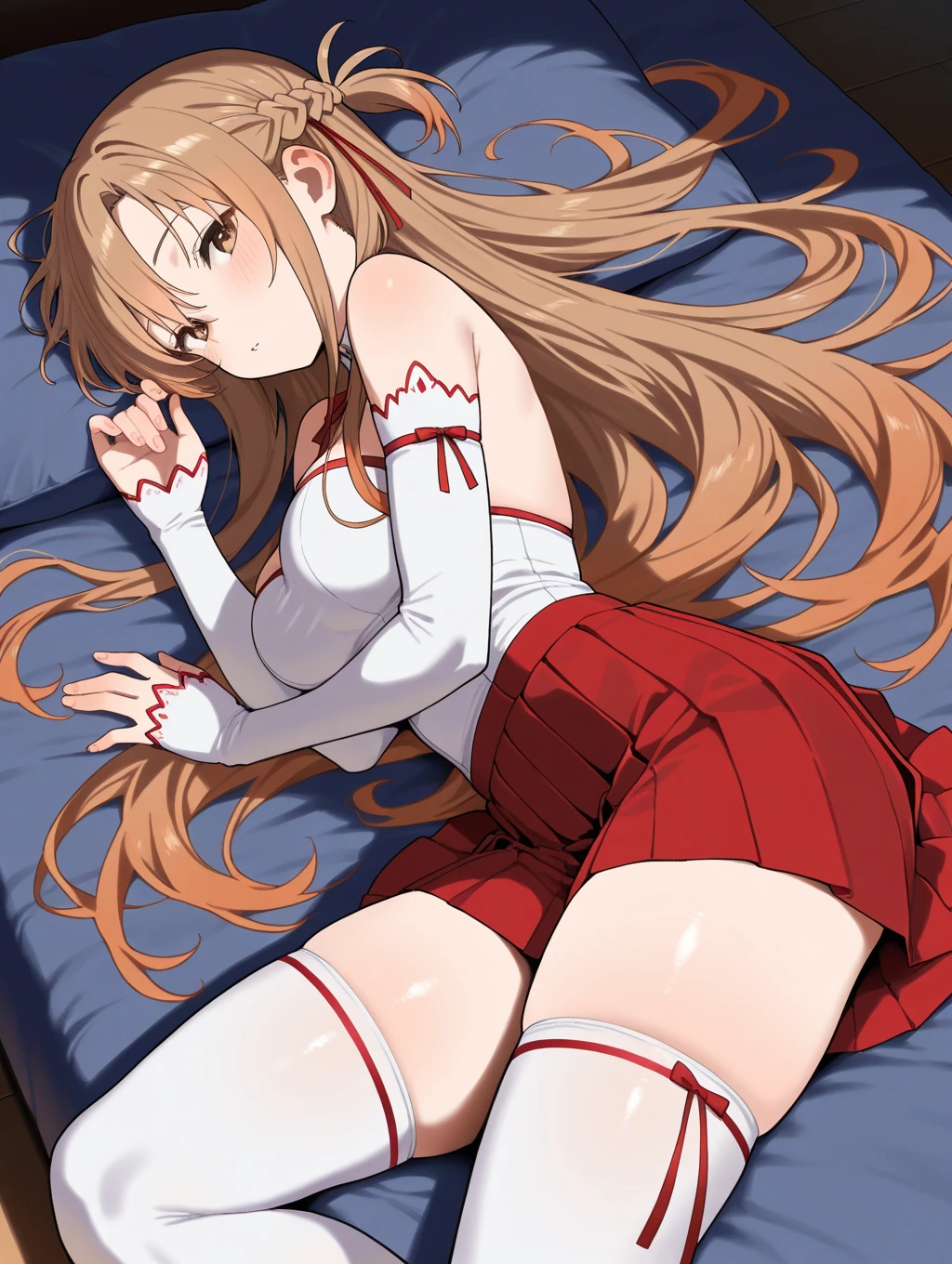1girl, akizuki airi, blue eyes, blonde_hair, twintails, very_long_hair, she is wearing it in her hair_ornament red, hair_scrunchie red, medium_breasts, Bikini, pink bikini, full body, She is naked with an apron, bed, white bed, lying down, dakimakura, ranking: explicit,