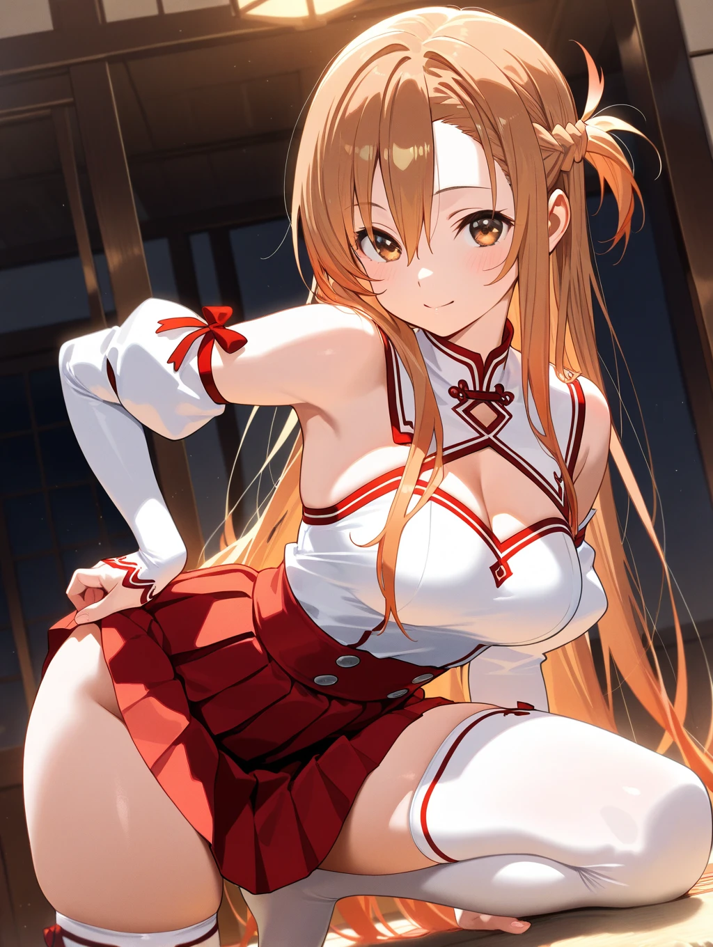 (highest quality:1.5, High resolution, UHD, 4K, detailed lighting, shader), as yuuki, light brown long hair, Big breasts, Sleeveless cheerleader outfit, sexy, erotic, crop top, skirt, pantyhose, smile, stadium background, (throw, close shot)