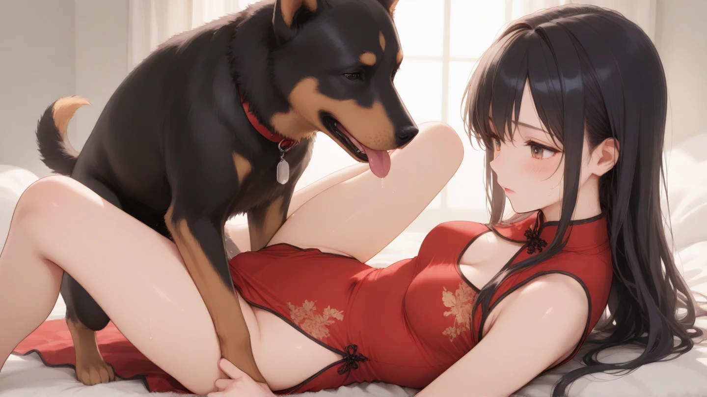 (from outside) (Shiny skin), many colors,best quality best,Masterpiece,Realistic photos,complicated details,raw photos,court,Gorgeous cheongsam in many colorss,extra long hair,Crooked shoulders,delicate face,Revealing the rift,decorate,standing by the window,on a cheongsam,lace,underwear,decorate,revealing thighs,Close-up from the front,looking at camera.She arched her ass for the dogs to see. Then he jumped up and smacked her ass...She lets the dog fuck her ass and fucks her pussy with his dog..allow the dog to enter