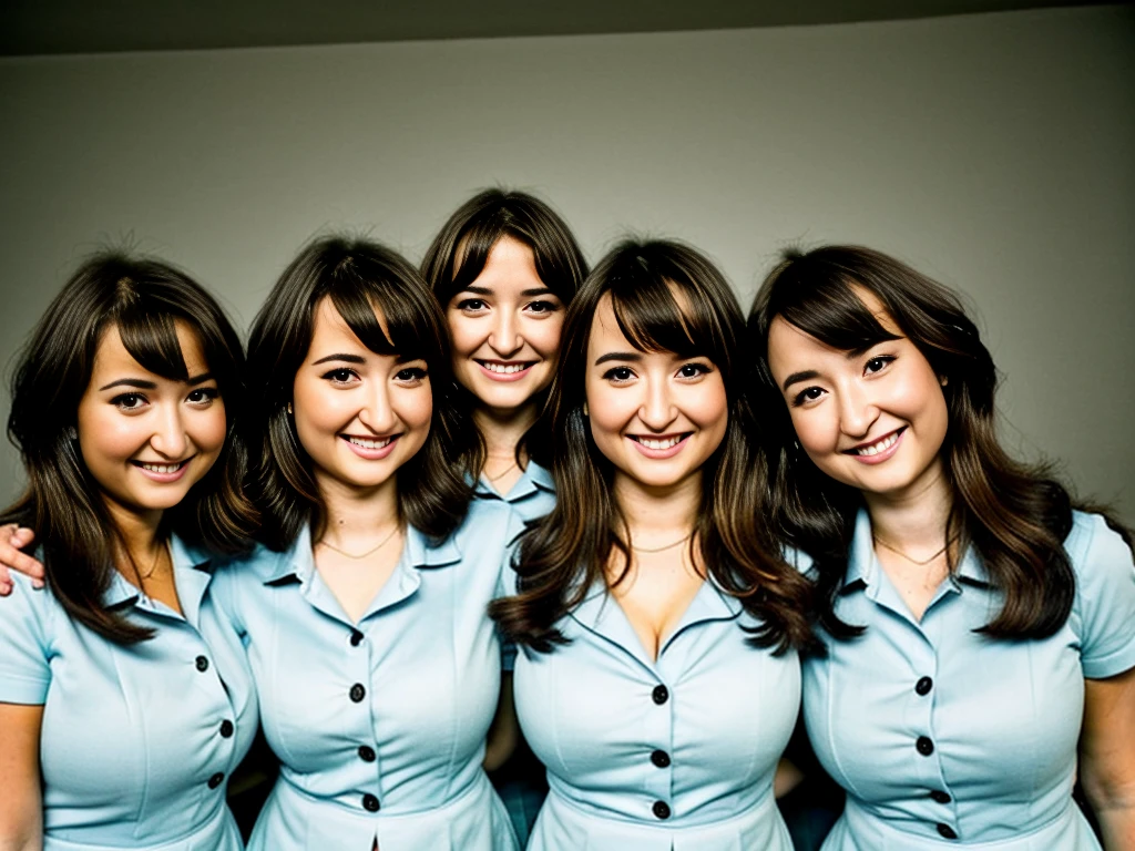 stunning identical sextuplets standing close together, in a room, 25 years old, full body, identical bodies, pale skin, athletic body, identical height, wearing blue skirt suits, wearing blue high heels, same faces, same hairstyle, long wavy hair, same colour hair, light brown hair, five fingers on each hand, smiling, color, realistic, sharp focus on eyes, sharp focus on nose, 8 k, high definition, insanely detailed, elegant, ultra realistic, photorealism,