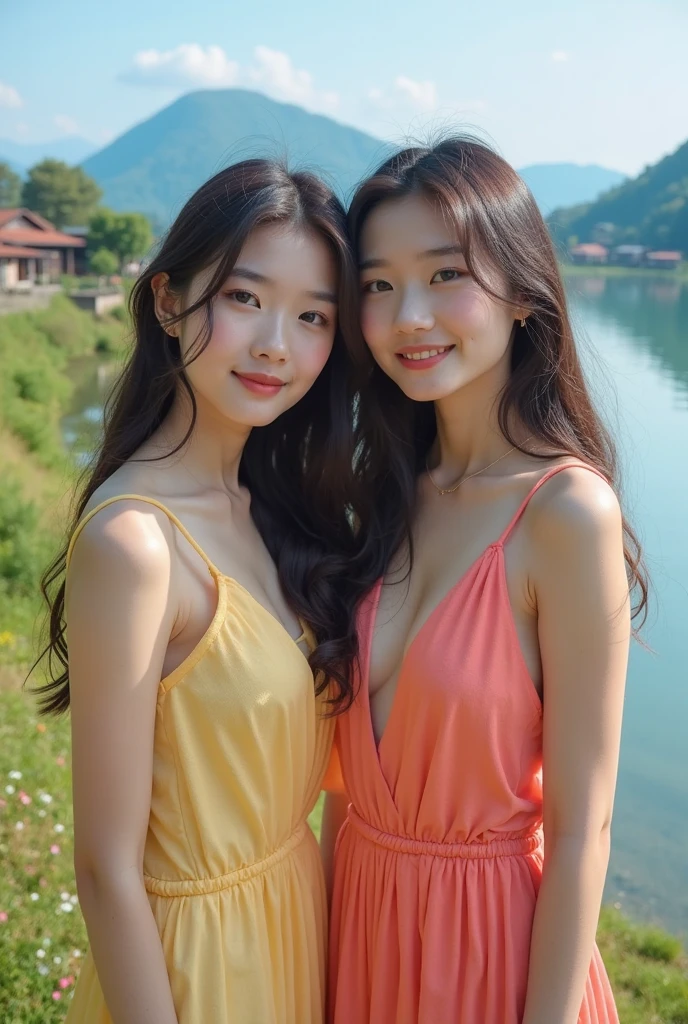 (High-resolution 8K raw photos are realistic,best qualtiy,),((2 women hugging)),(((Gradient Dunhuang costumes))),(Seven-doppelganger shot),(Pink Long Hair),Skinny and small,beautidful eyes,Super detailed face,Beautiful woman,tight-fitting,Big breasts Thin waist,Bigchest,Teenage uncensored,cute female child,Glowing skin,20yr old,(Loulan Ancient Town，outside，A desert)，Sharpen,Chiffon,Front light，Solo,cleavage，((china goddess))