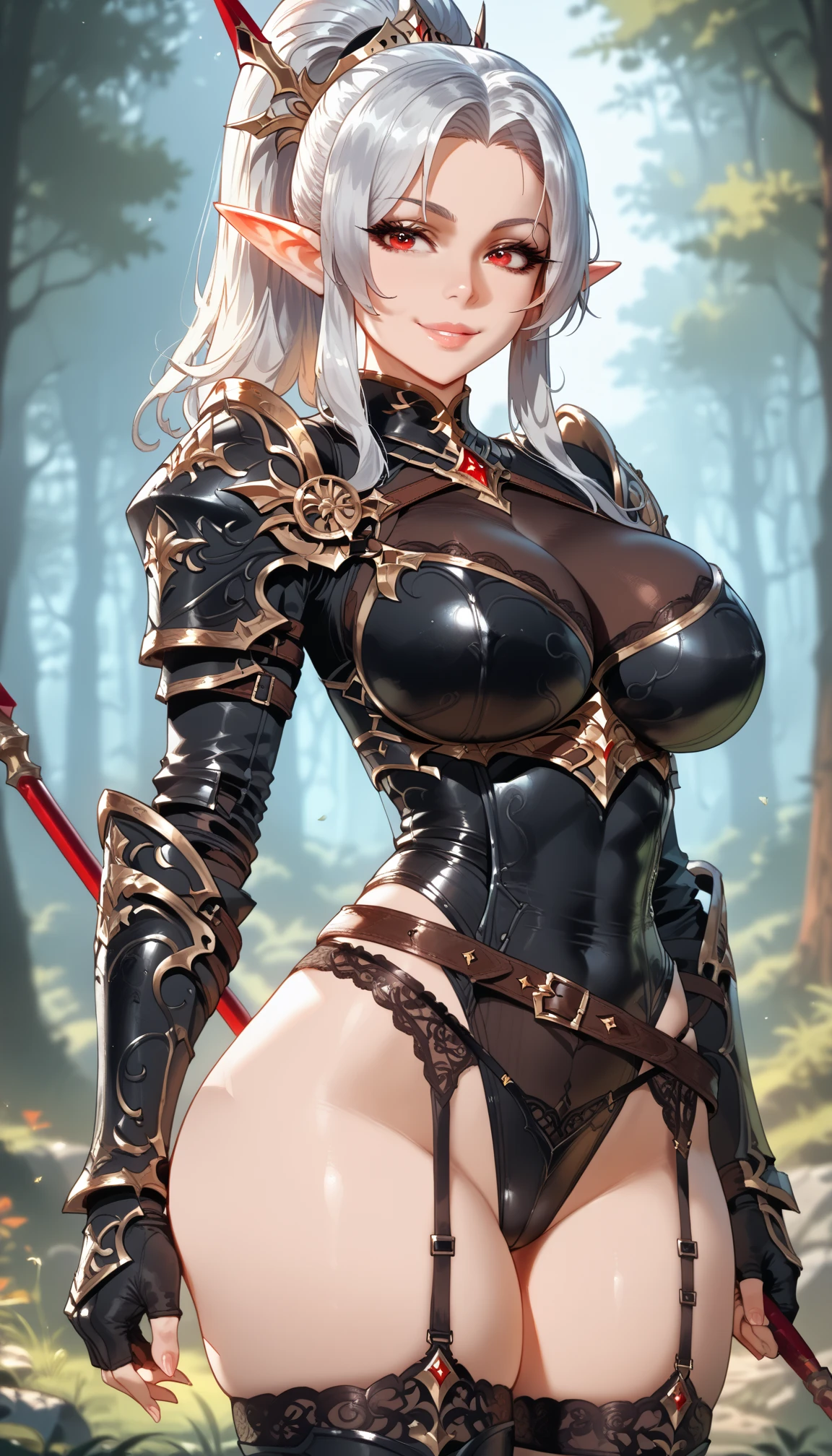 fashionable Korean girl with golden eyes and lush sandy hair, with large red horns, tanned bronze skin, huge breasts, large nipples sticking out, her whole body covered in tattoos and makeup, a predatory grin, smile, wearing a red coat with rolled up sleeves, steel silver and gold armor breastplate, wide red belt with gold yarn, black leather shorts with steel thigh guards, leather gloves, a hiking backpack and a heavy two-handed sword hanging behind his back, daggers on his hips, walks through the forest and hunts in a dark fantasy forest, dark fantasy,