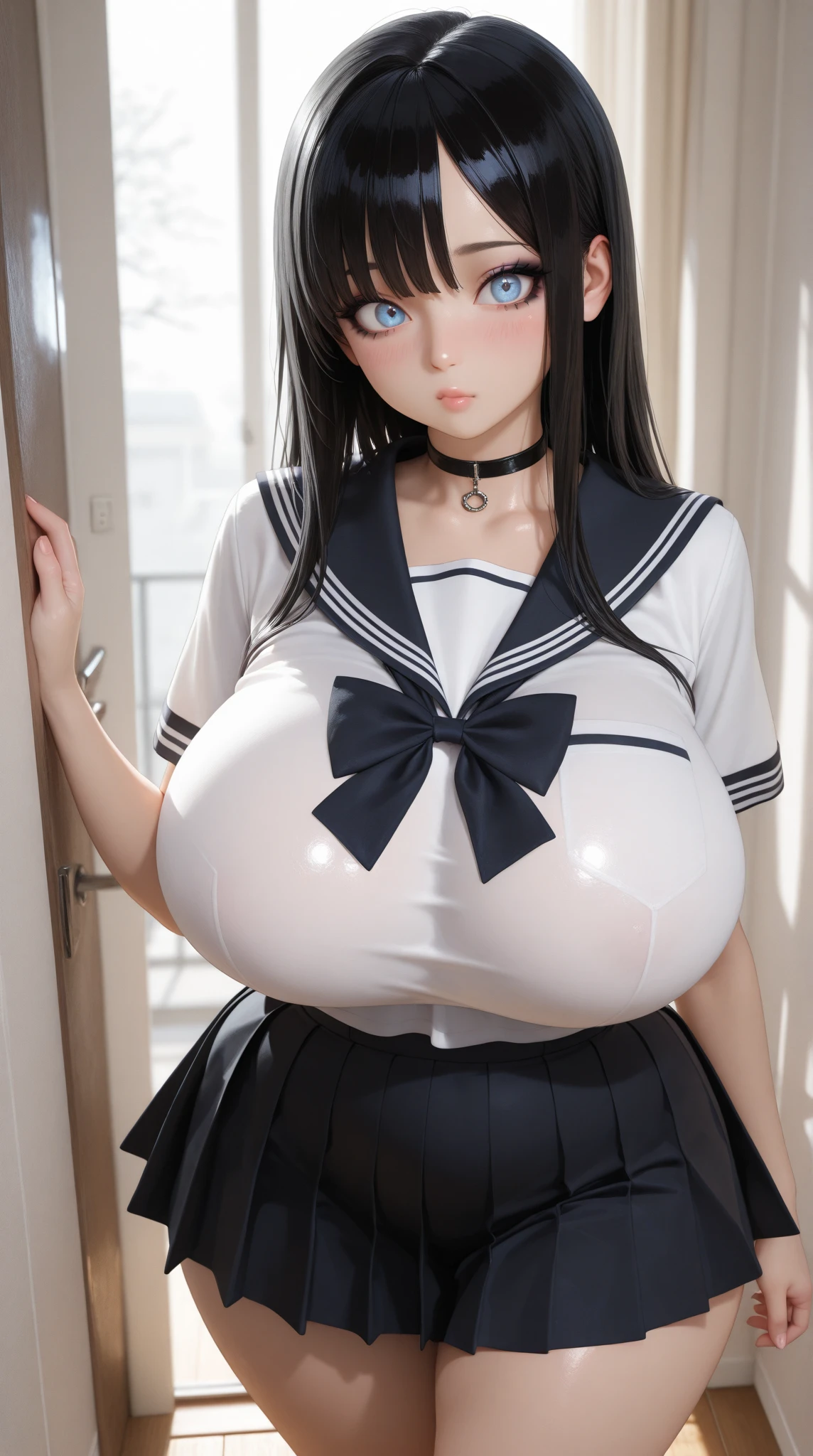 A girl with big breasts, long black hair, and blue eyes、Wearing a blue maid outfit、Her cheeks are blushing in embarrassment