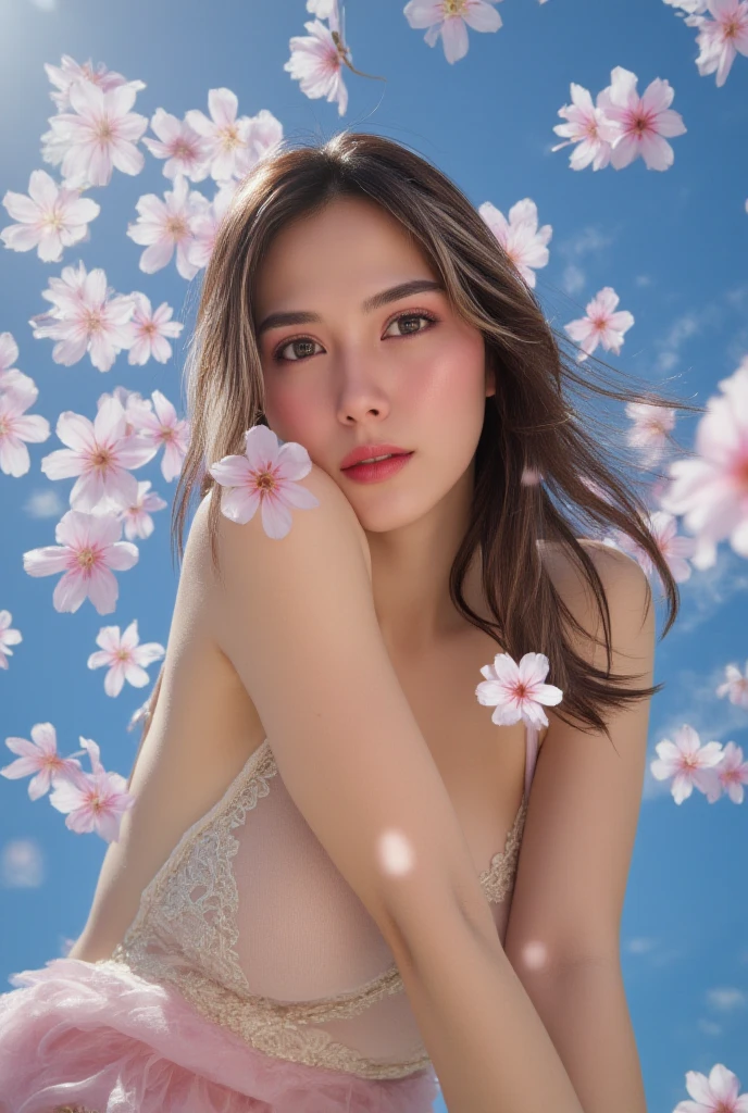 Sky view image depicting a beautiful girl lying on a fluffy cloud. She has water-wet brown skin, crystal blue eyes, round bright pink lips that open gently, and soft black hair. He wears a transparent white and gold robe that shows his naked body. Her chest is covered in gold jewelry and pink roses. Her look represents her in a dream state, full body, bed floating on a pond of water, wet skin, garden with pond, girl seen from above, full body, very long hair submerged in water, naked girl, pubic hair, vagina visible, small breasts, she lying in bed, sheet melted in pond water, overexhibition art, wlop art, pond flowers, lamp on, realistic digital watercolor art, (white lingerie lace style:1.4 ), (cinematic lighting:1.4), Unreal Engine:1.4,HD,best quality:1.4, Photorealistic:1.4, skin texture:1.4, masterpiece:1.8,