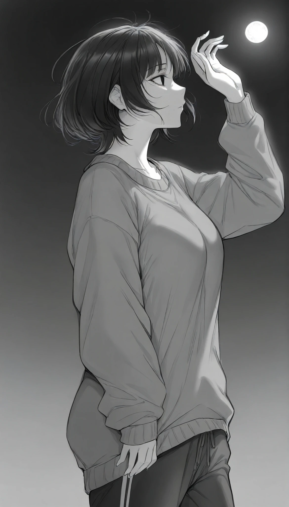 masterpiece,grayscale,manga,1woman, mature, medium bosom, solo, alone, black hair, short hair, bangs, messy, black eyes, dark eyes, night, loose oversized sweater, sweatpants, (side profile, head tilted up, staring at the moon, arm raised for sky)