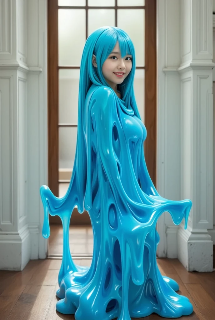 There is a woman. She is made of turquoise slime, and is in a form a woman. She is thick, in the right way. She has medium length hair made of slime as well, and turquoise also. She has turquoise eyes, and is smiling happily. She has a cute expression, with her hands politely behind her back.