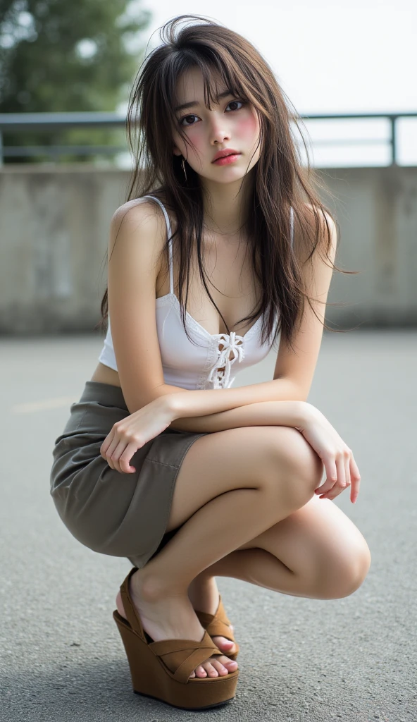 (sweat:0.7),Light casual dress,white short skirt, denim sneakers, woman,exquisite face, beautiful face,bare shoulders,shoulders slightly exposed,translucent skin,black eyes,black hair,(photorealistic:1.4),realistic details, high resolution,bokeh,outstanding details, sitting on the sidewalk, summer time, sunglasses on head,