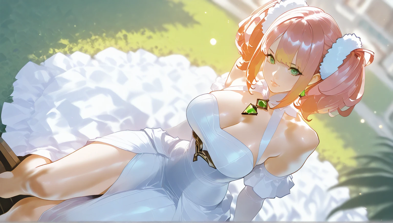 1 girl, 1, Long pink hair, green eyes, master-piece, best quality, (standing up), (short dress), (floral, spaghetti strap, short pink summer light pink dress, no slit), (Big , ultra gigantic , Super super big, Glamorous body), Make eye contact with the camera, front figure, looking forward, (light_Smile:1.5), (Detailed hands and fingers:1.2) (In the sunny park), (FULL BODYSHOT), thighs thighs thighs thighs、beauty legs、Bare legs