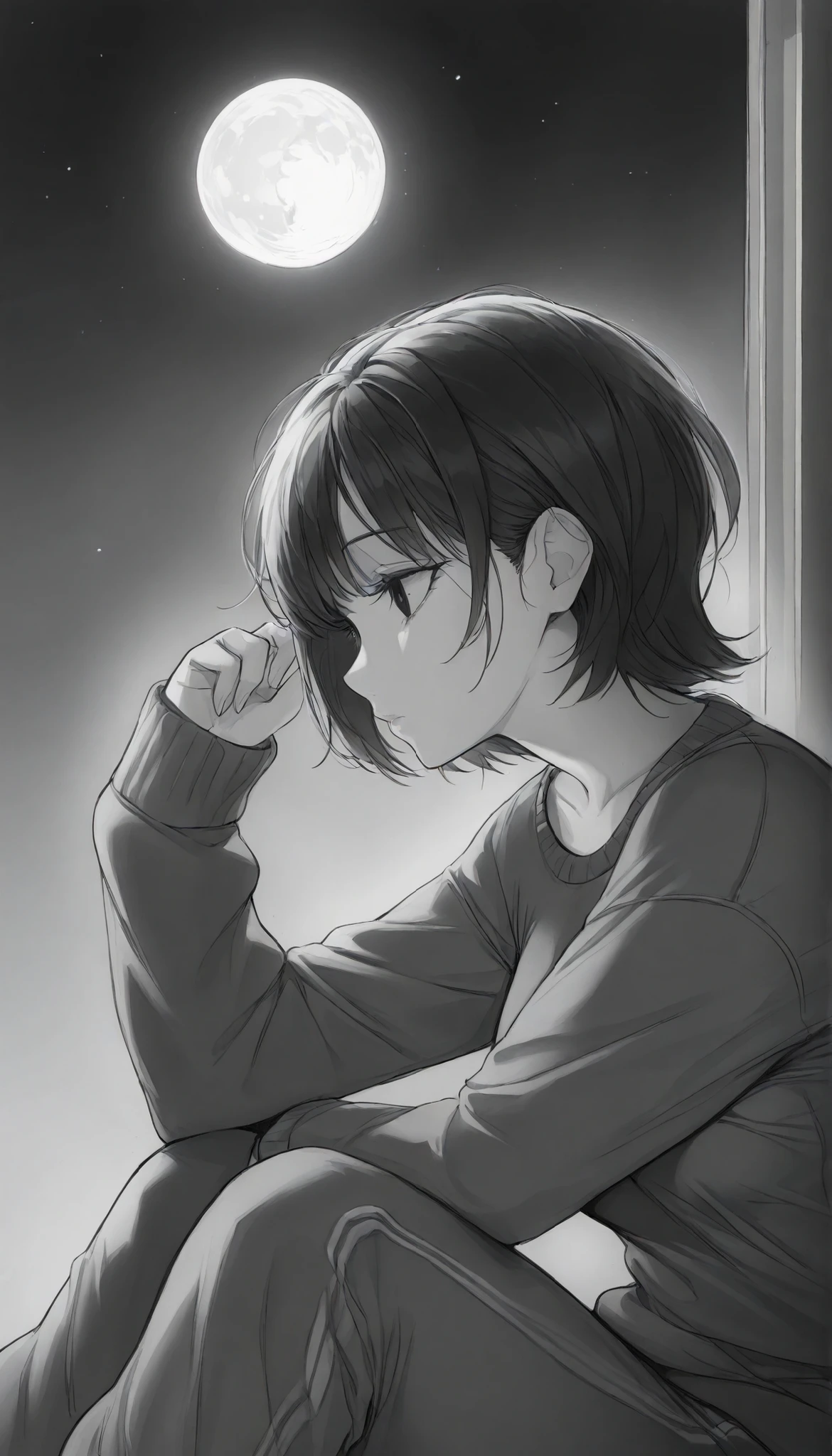 masterpiece,grayscale,manga,1woman, mature, medium bosom, solo, alone, black hair, short hair, bangs, messy, black eyes, dark eyes, night, loose oversized sweater, sweatpants, (closeup, side profile, head tilted up, staring at the moon, arm raised for sky)