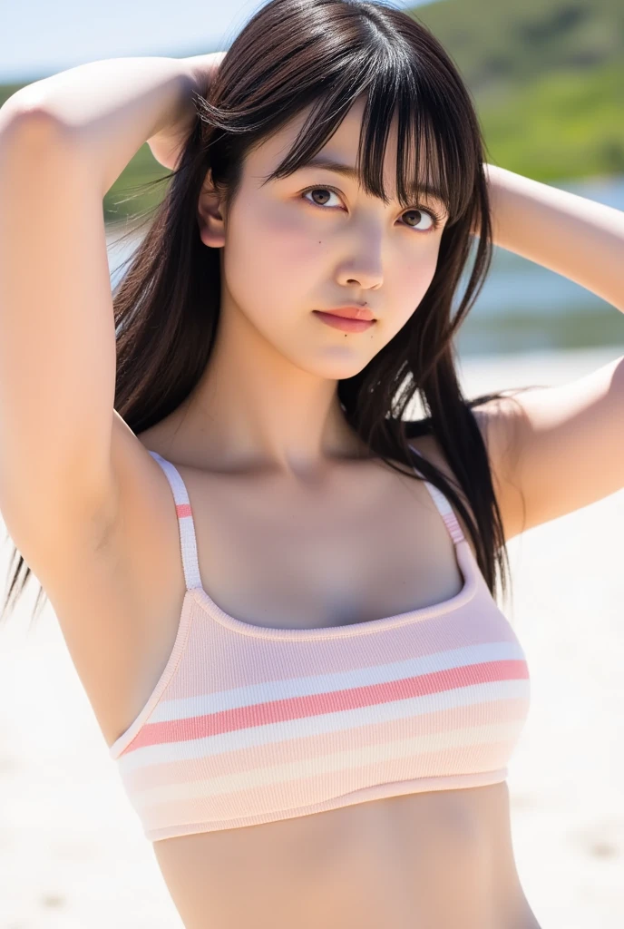 Sexy Big 、A cute 22-year-old girl with a sexy and cute look, beautiful and sexy face、A strong wind blows my hair in front of my face、Straight pink hair、beautiful, Cute and sexy eyes hidden behind long bangs、Sunburned skin、Cute ribbon、割れたAbdominal muscleuscular、Muscularな体、Abdominal muscles、Fitness、Fitnessモデル、Toned body、引き締まったAbdominal muscles,Training wear