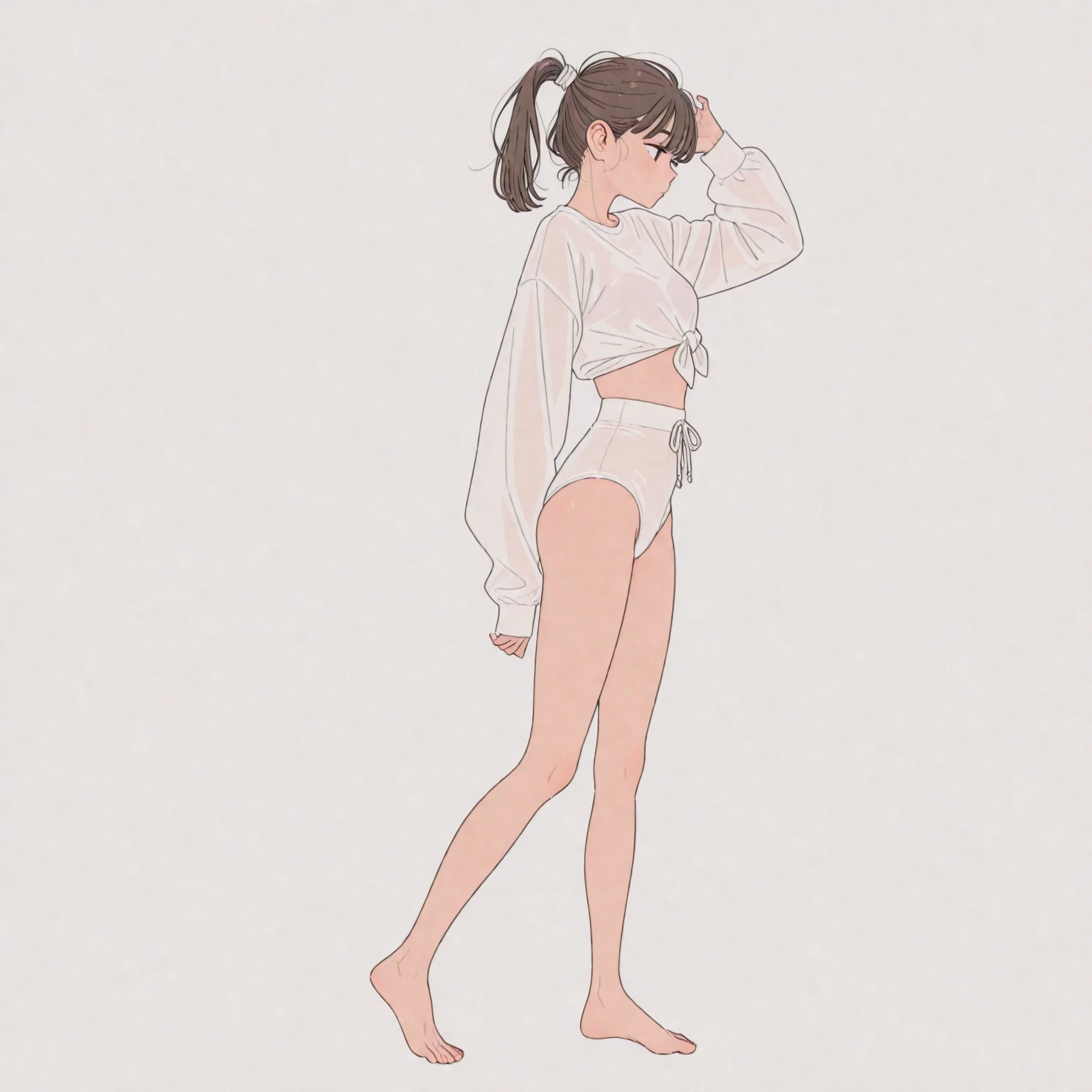 1girl, european girl, the bun hirstyle, light-brown hair, oversized white t-shirt, white pantyhose, without lengire, standing, school gym, school, realistic, source_anime,