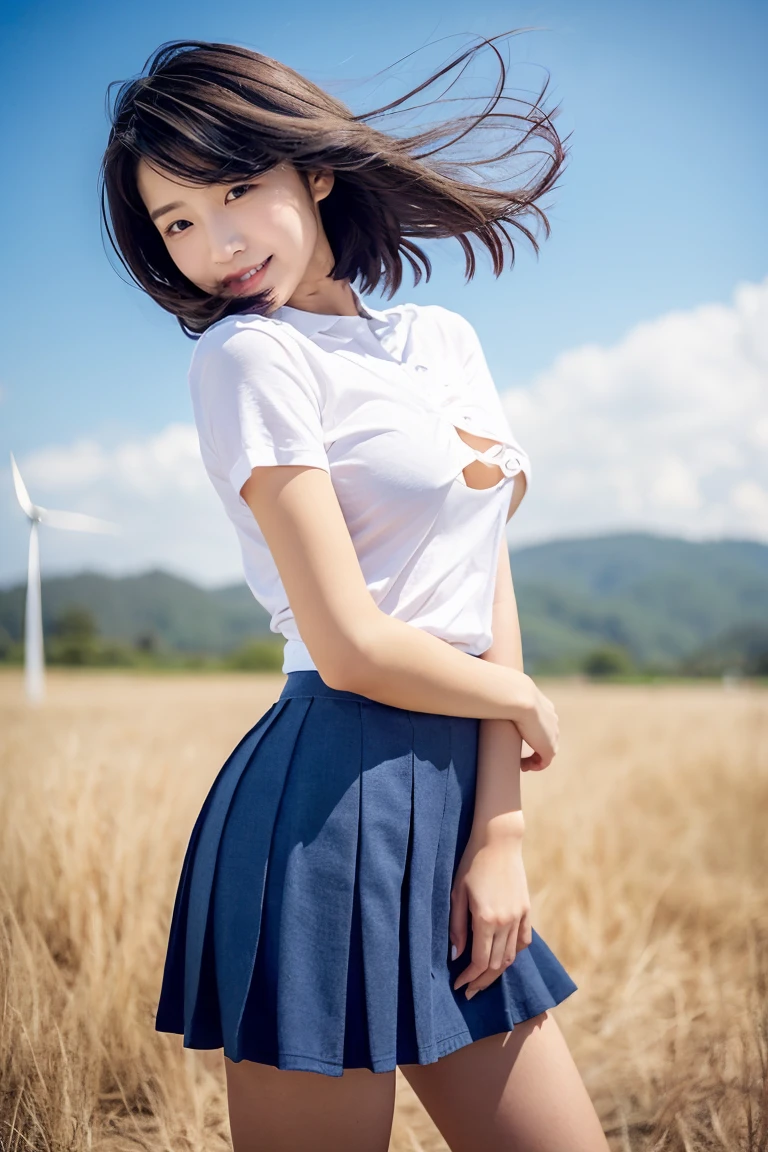 1 young girl,very cute and beautiful japanese teen actress,highly detailed beautiful face,twin braid,
white campisole,looking at viewer,smile,happy,stylish pose,pleated navy blue mini skirt,solo,
countryside,footpath between wheat fields,beautiful summer sky,real person,photorealistic,8k,raw photo,