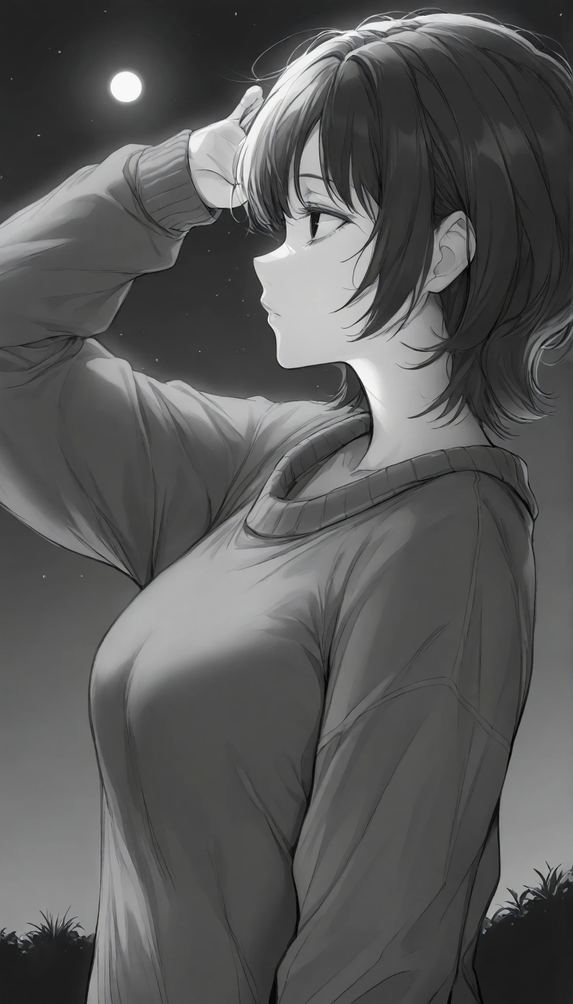 masterpiece,grayscale,manga,1woman, mature, medium bosom, solo, alone, black hair, short hair, bangs, messy, black eyes, dark eyes, night, loose oversized sweater, (closeup, side profile, head tilted up, looking at the moon, arm raised for sky)