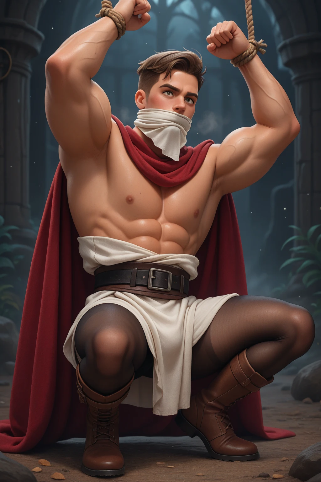 muscular man,(penis,testicles,frenulum,glans:1.05),open coat, bottomless, cowboy shot, frontal view ,hands behind head, armpits, male only,masterpiece,best quality,detailed, beard, fade haircut, mature male, game_cg, standing, smooth, <lora:frenulum_w2-000094:.28>