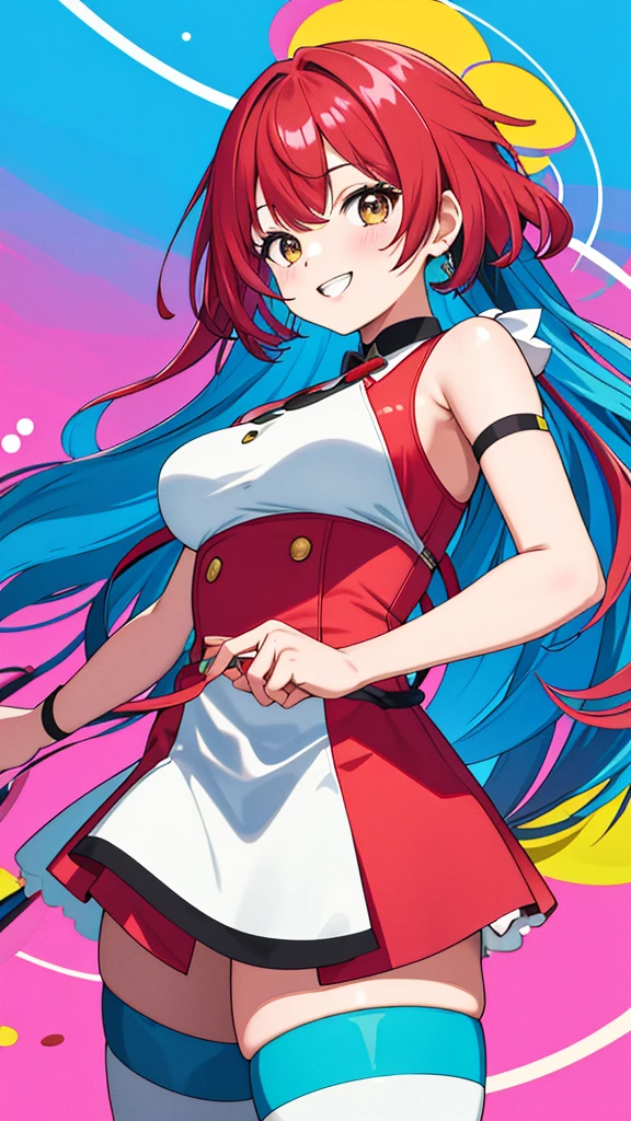 (Masterpiece, Best Quality, High Quality), cowboy shot, standing,Nishikino maki, Red hair, purple eyes, illustration, beautiful, a bow,upper body, kunoichi dress, thighs,(big breasts:1.2), cleavage ,looking at viewer,seductive smile, blushing, arms up,armpits,pixel_art