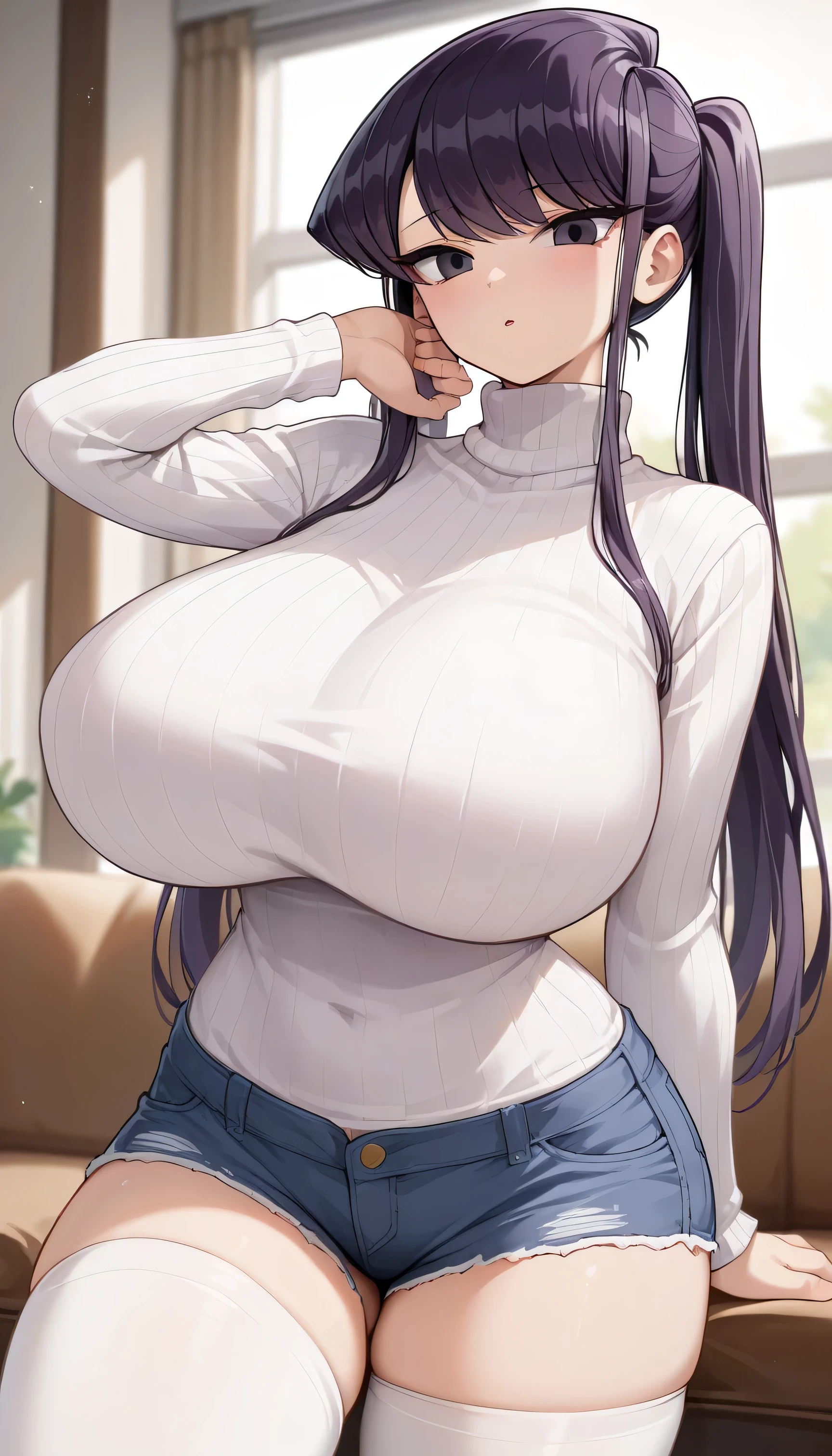 2heads, tall chubby woman with 2 heads. Massive breasts. ager. In a bedroom with a window. Wearing a sweater, wearing jeans. Messy maroon hair in a ponytail. Blushing. Spunky. Goth. Thick eyeliner. Gorgeous thin mature face. Seductive. Huge fake round tits. Huge thighs. Girlfriend. Smirking. Sexy pose.