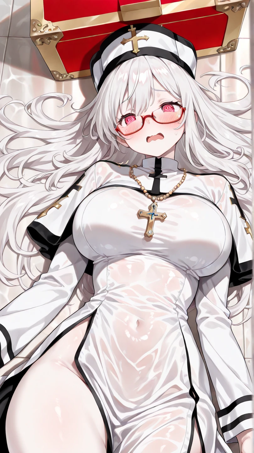 Erotic Anime Illustration、best image quality、Plump, people at the temple々dark-skinned female monk seducing.、Jeanne D&#39;Aak、perfect proportions、round glasses、Overwhelming big breasts that go beyond common sense、thick legs with fat、cowboy shot、ecstatic expression