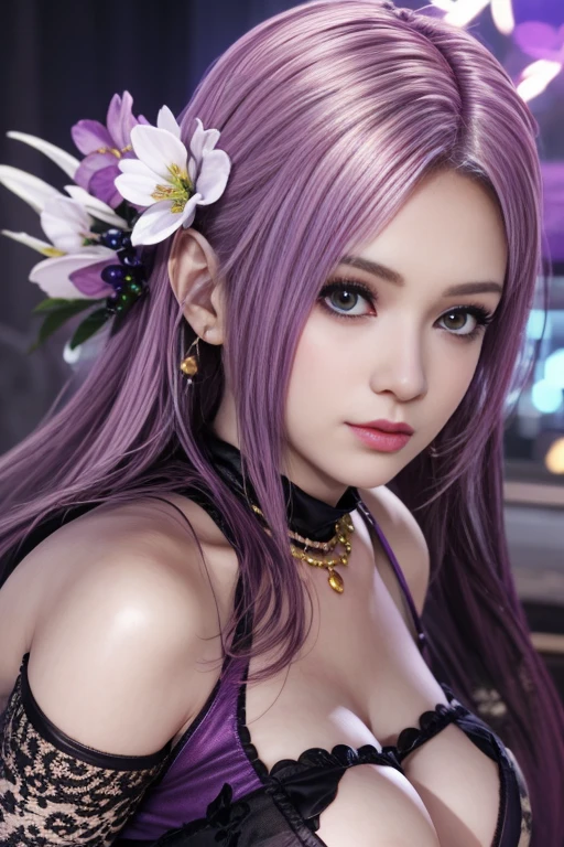 middle-length bright purple-colored hair, beautiful white-colored translucent skin, slendar figure, , slightly short-tall, small mouth, opening mouth and smiling a little, shaped nose, smooth shaped jawline, slightly slanted eyes expression, glossy face, realistic figure, heavy makeup like an Anime character, wearing vivid cosplay-costume like an Anime character, wearing something like a tiara, just a little bit opened at the chest, less exposed skin, posing looks likes Anime character, close-up shoot, angle looking down from above