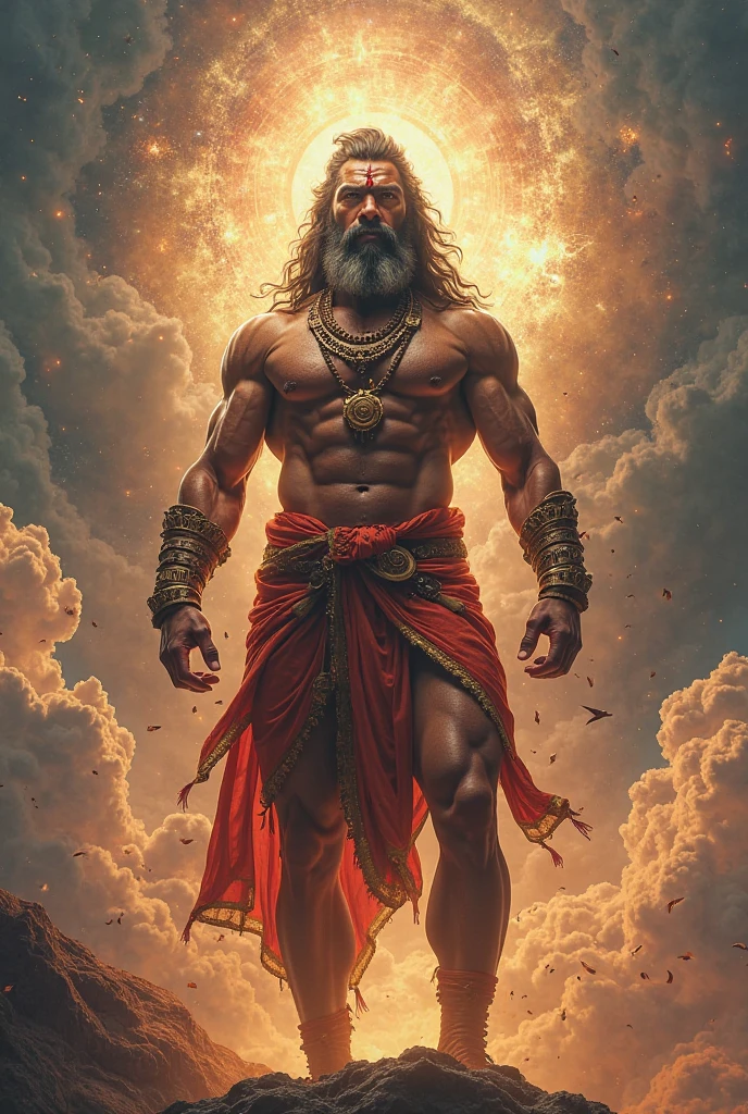 "Create a high-definition image of Lord Hanuman full HD standing on a large rock or stone. He is depicted as a powerful and divine figure, with a muscular physique and a determined expression. Hanuman's right hand firmly holds his iconic mace (gada), while his tail is wrapped around his left hand. His body is adorned with traditional ornaments and clothing, including a golden crown. The background should reflect a celestial or spiritual environment, with a warm, glowing aura surrounding Hanuman, highlighting his divinity. The overall scene should capture the strength, courage, and devotion associated with Lord Hanuman."