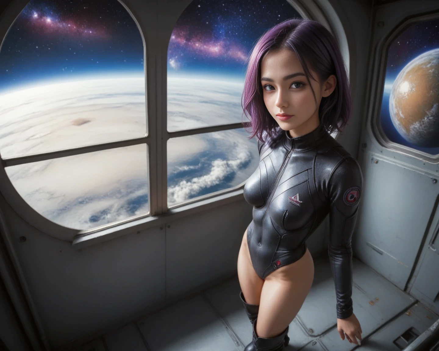 girl, idol, photo, film, depth of field, skin texture, braids, short hair, purple hair, tattoos, stay-ups, space, floating, floating in space, floating in air, clothes